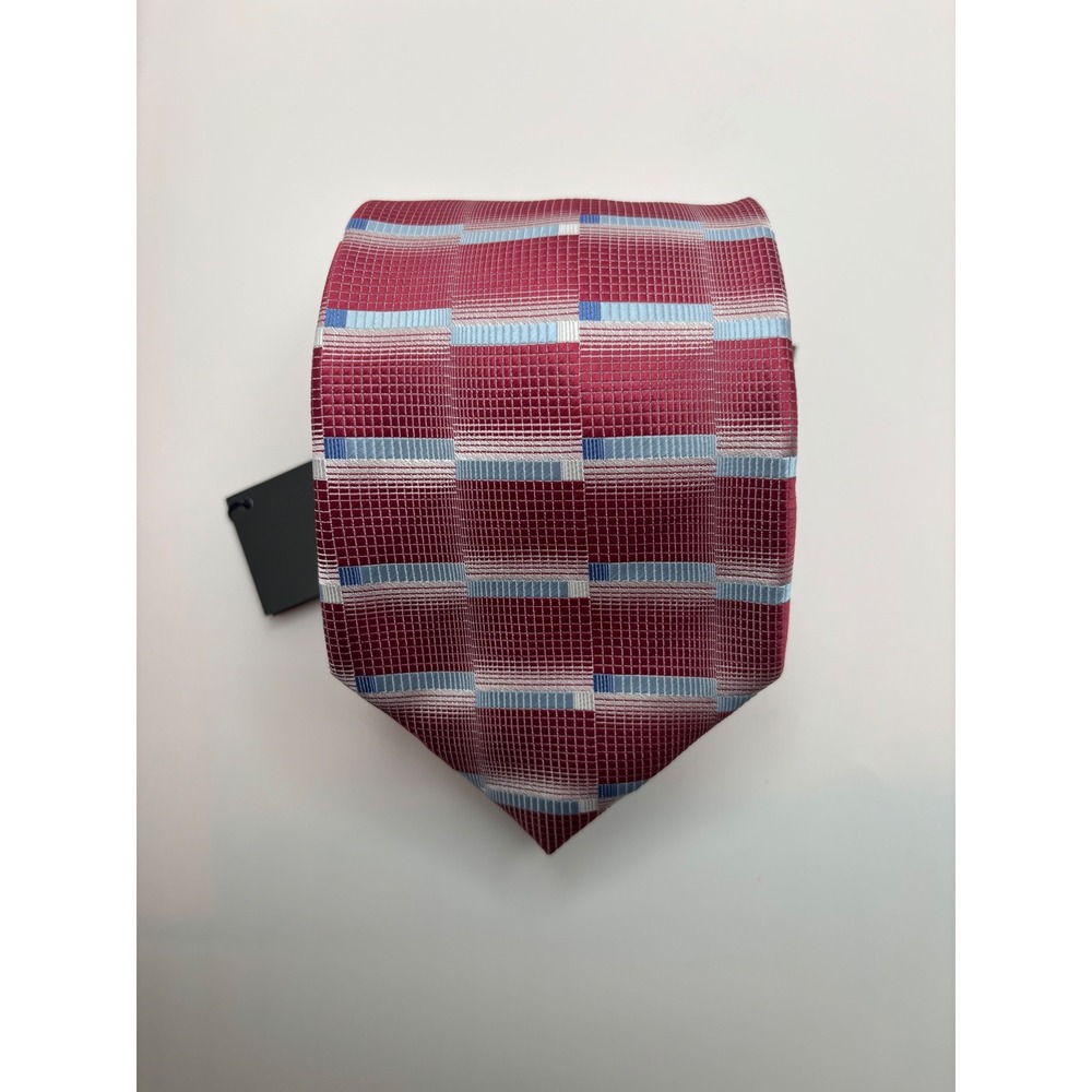 Antonia Collection Mens Silk Necktie Burgundy Blue Geometric Block Pattern NWT